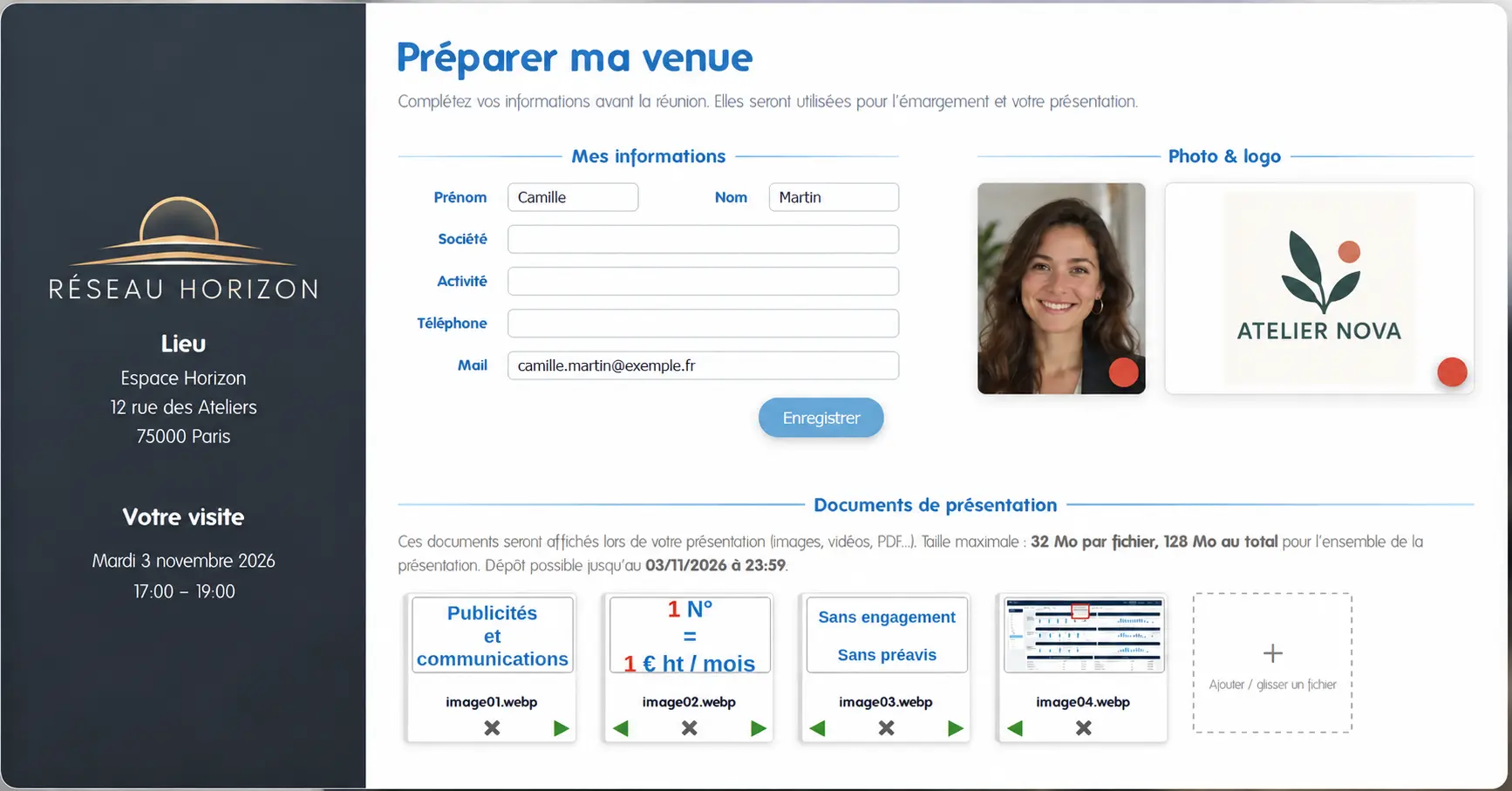 Espace visiteur Orkestral permettant de corriger ses informations et déposer ses documents.