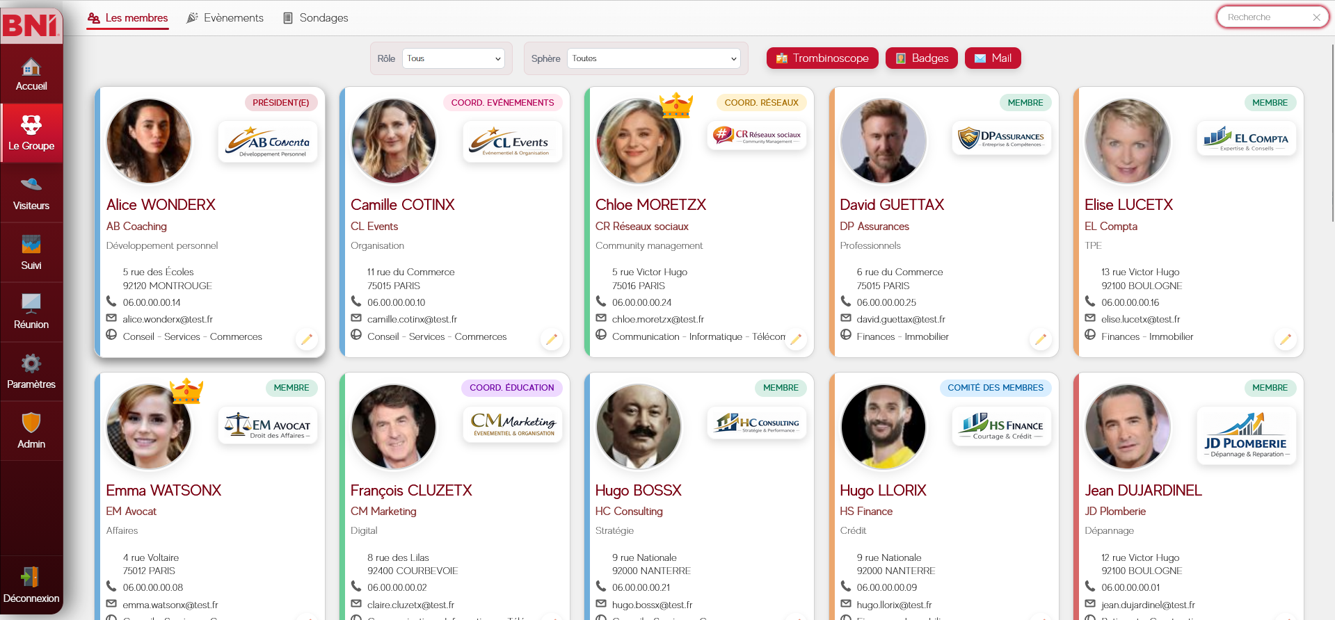 Trombinoscope et gestion des membres avec photos, métiers et statuts