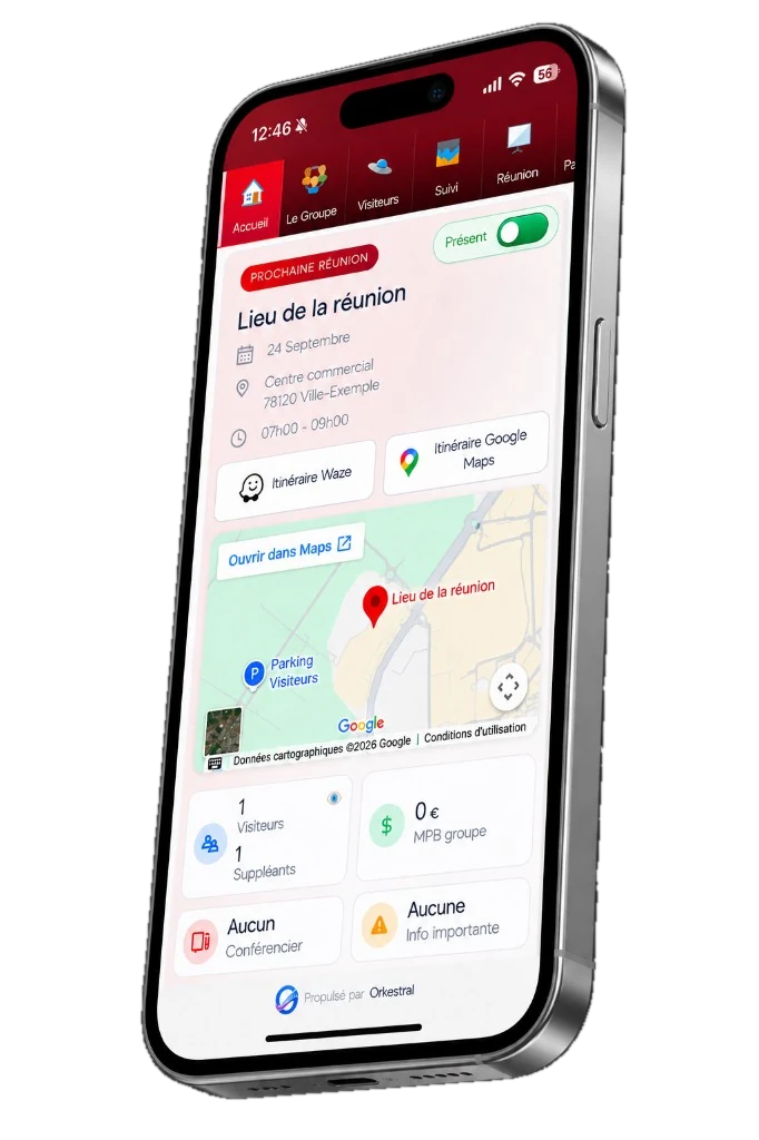Application web mobile Orkestral sur smartphone avec réunion, présence, visiteurs et suivi
