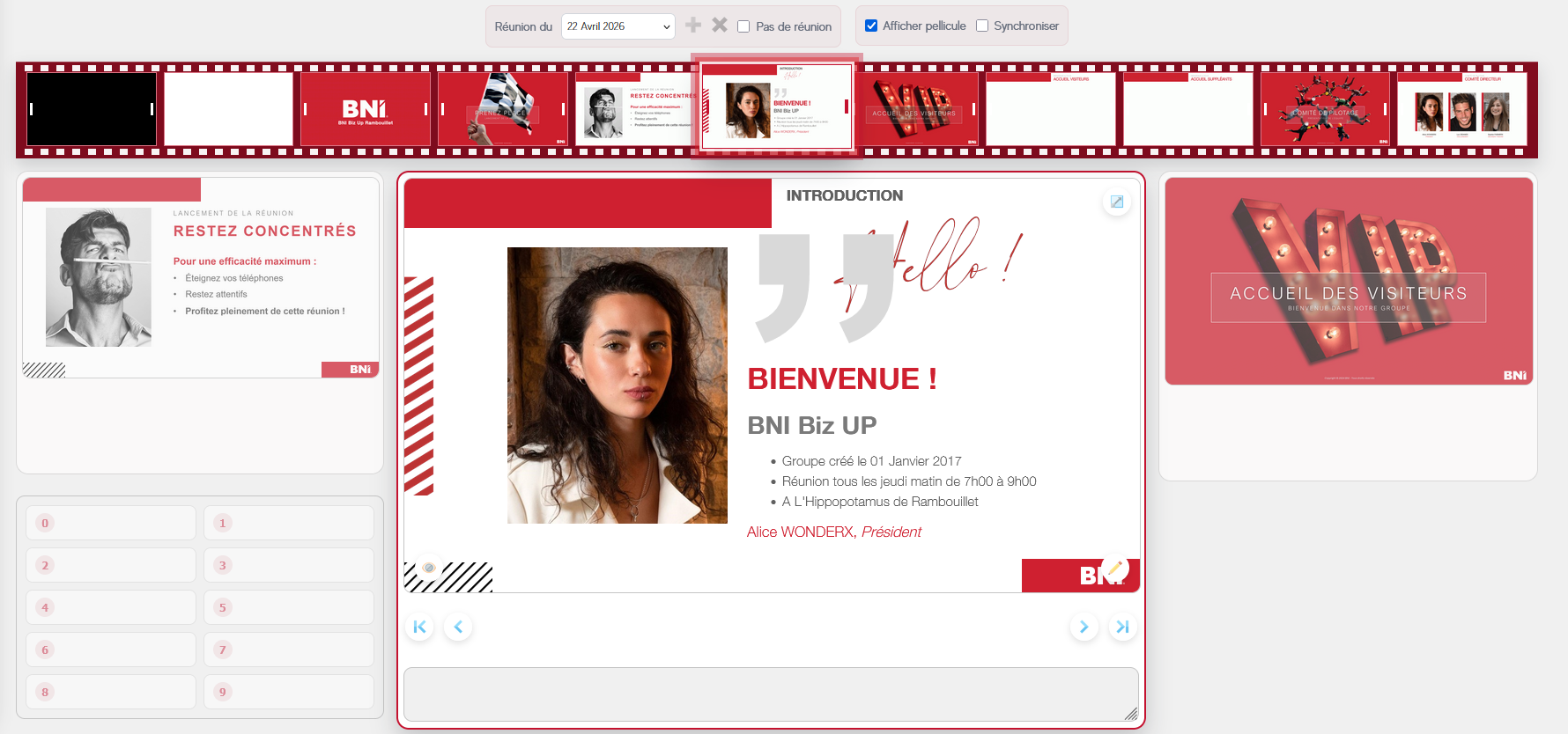 Présentation plein écran d'une slide pendant la réunion, avec timer d'intervention