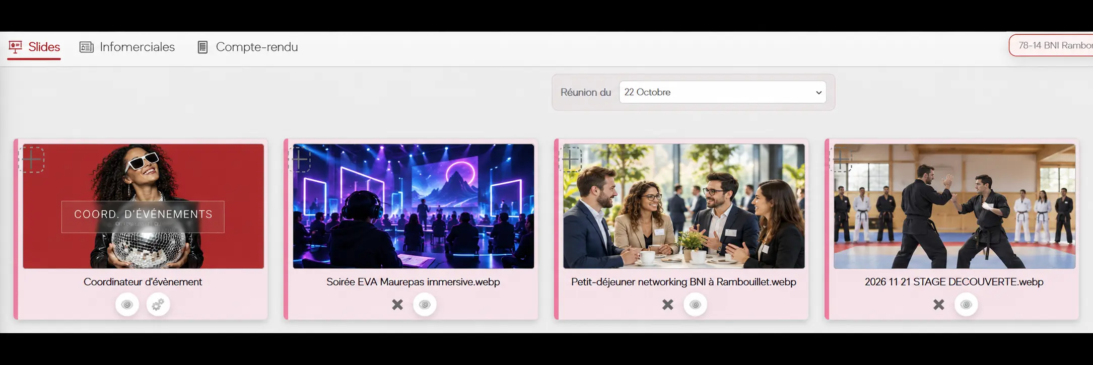 Interface de préparation des slides d'un coordinateur de groupe professionnel.